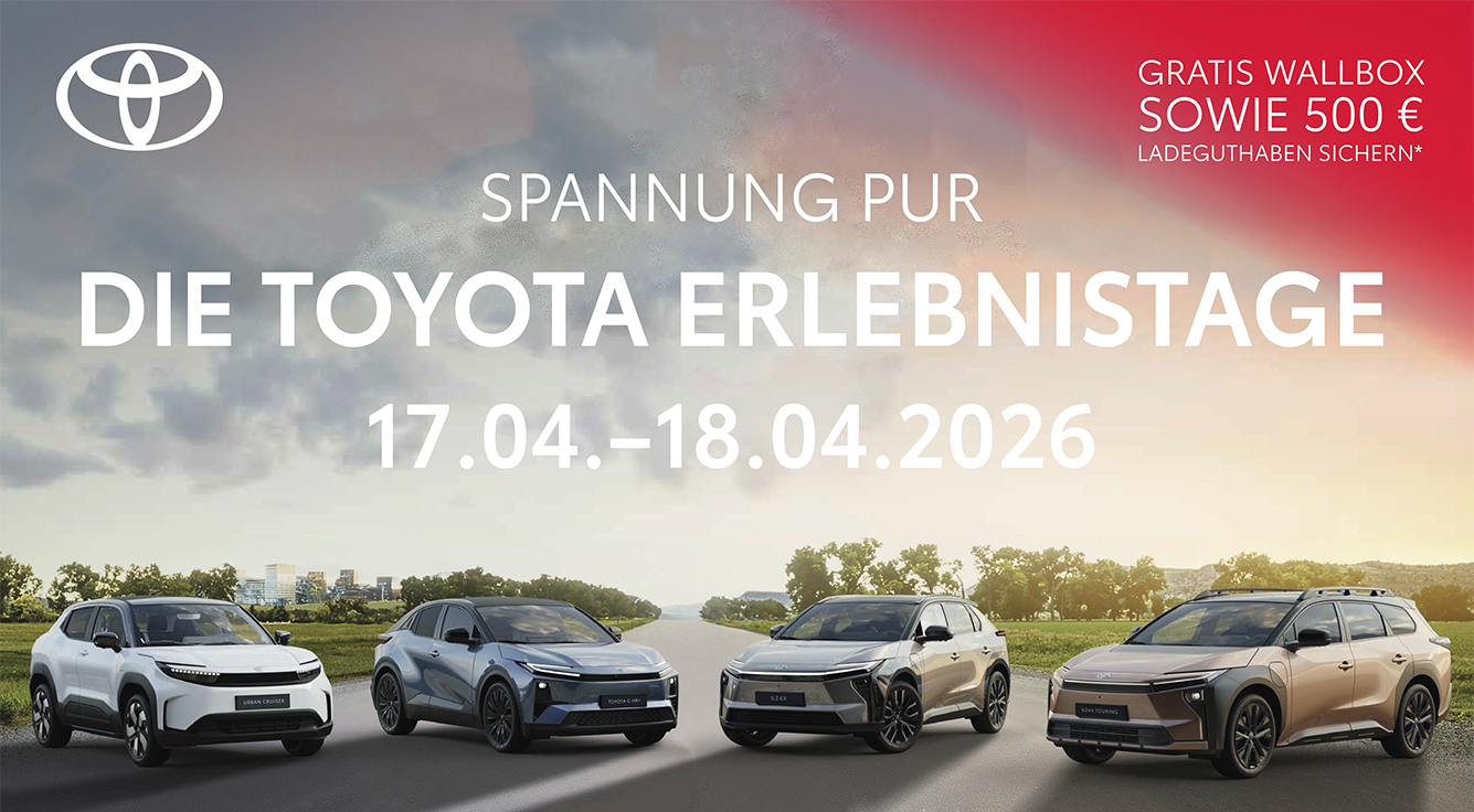 Foto: Einladung, Toyota Erlebnistage, vier Autos im Halbkreis,  Am 17. April  und 18. April 2026 erwartet Sie ein umfangreiches Programm, in Brunn am Gebirge und Wiener Neustadt
